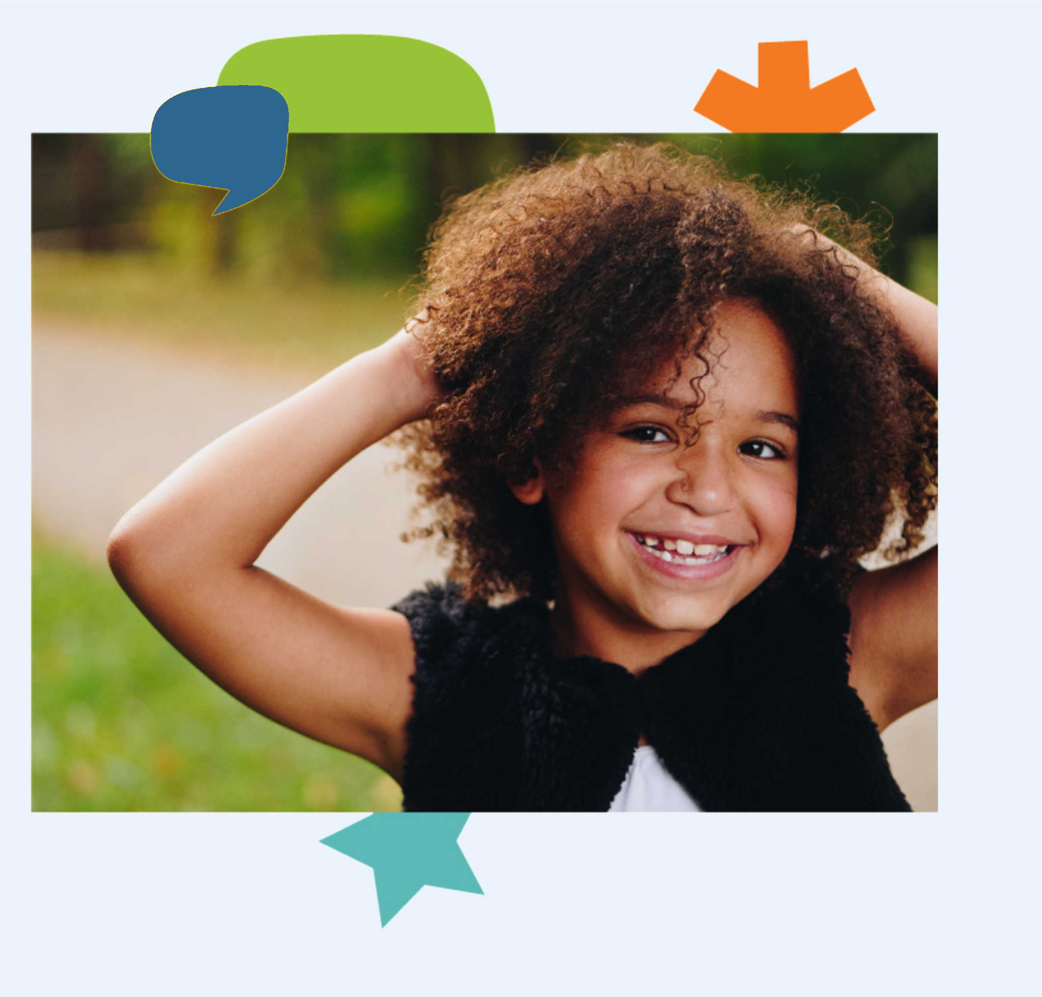 Happy student with blue speech bubble representing communication and support